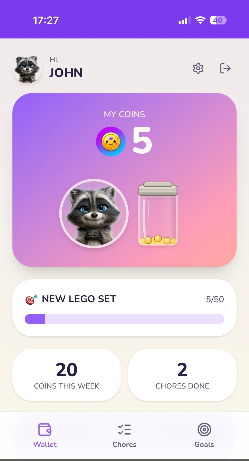 Kid wallet screen showing coins and savings goal