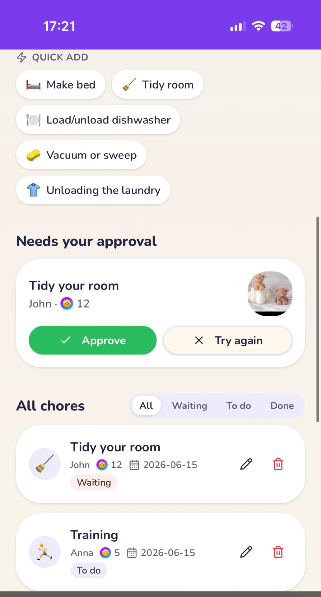 Parent dashboard with approval flow